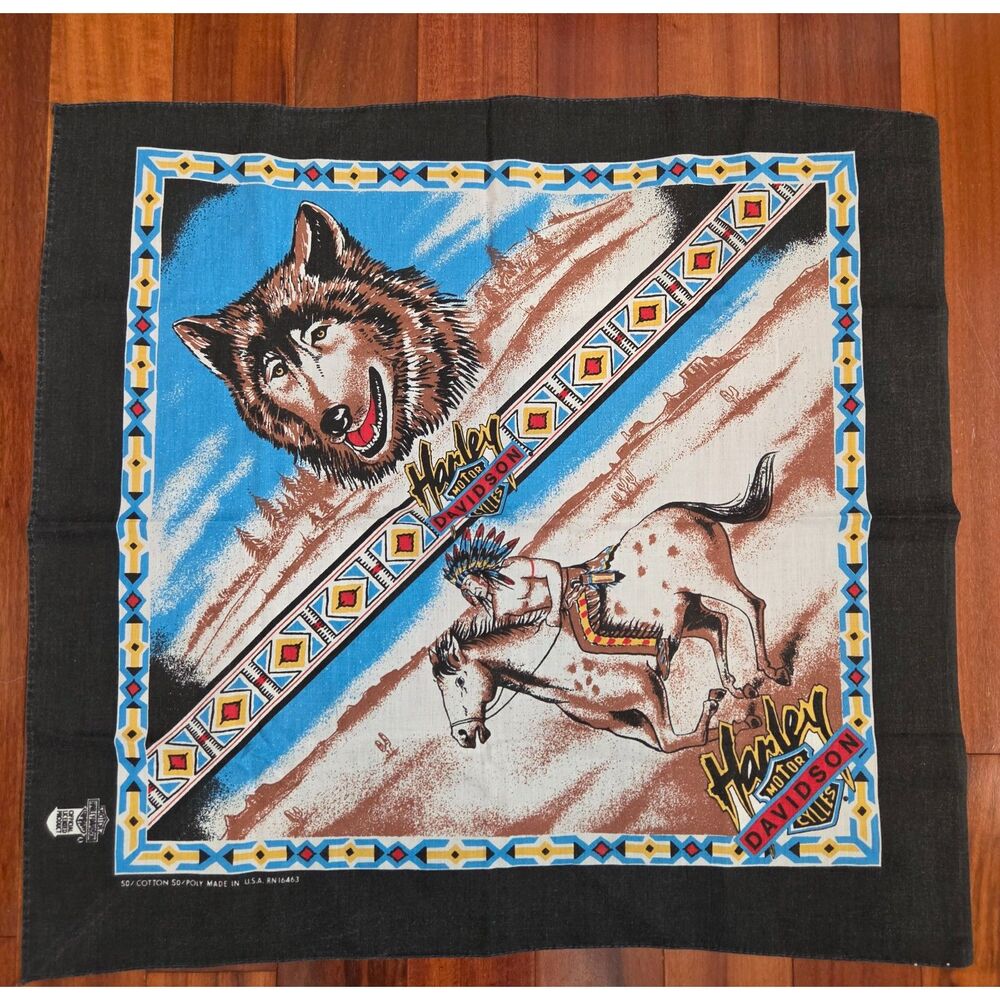 Vintage Western Native Harley Davidson Bandana Scarf Wolf Horse USA